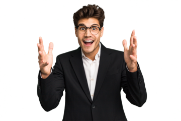 Young caucasian business man isolated receiving a pleasant surprise, excited and raising hands.