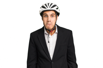 Business Caucasian man wearing a bike helmet isolated shrugs shoulders and open eyes confused.