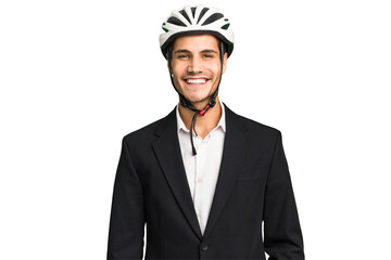 Business Caucasian man wearing a bike helmet isolated happy, smiling and cheerful.
