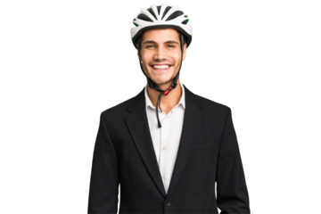 Business Caucasian man wearing a bike helmet isolated happy, smiling and cheerful.