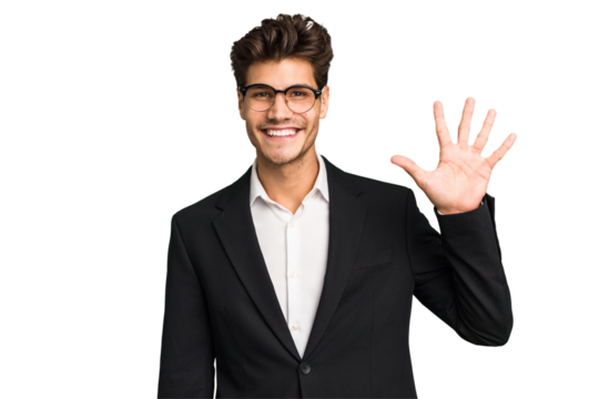 Young caucasian business man isolated smiling cheerful showing number five with fingers.