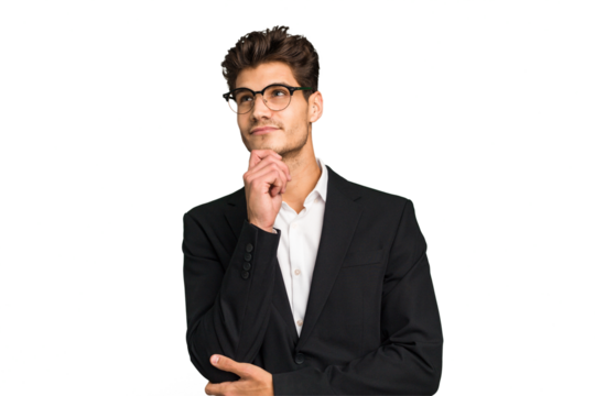 Young caucasian business man isolated looking sideways with doubtful and skeptical expression.