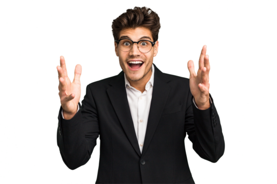Young caucasian business man isolated receiving a pleasant surprise, excited and raising hands. - Powered by Adobe