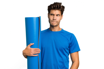 Young caucasian sport man holding a mat isolated confused, feels doubtful and unsure.