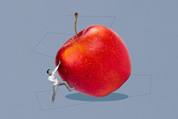 Composite collage illustration of little black white gamma guy hold huge apple fruit isolated on painted background