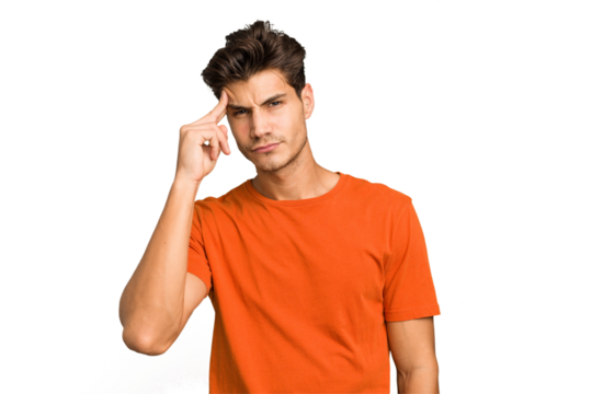 Young caucasian handsome man isolated pointing temple with finger, thinking, focused on a task.