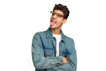 Young caucasian handsome man isolated funny and friendly sticking out tongue.