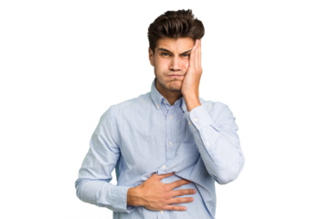 Young caucasian handsome man isolated blows cheeks, has tired expression. Facial expression concept.