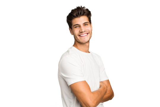 Young caucasian handsome man isolated who feels confident, crossing arms with determination.