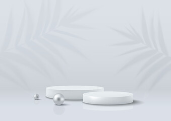 Two White Realistic Podiums on Grey Background with Palm Leaves and Pearls. Horizontal Banner. Vector Illustration.
