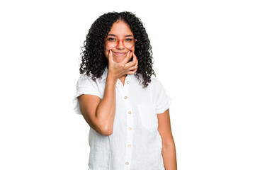 Fototapeta na wymiar Young cute brazilian woman isolated doubting between two options.