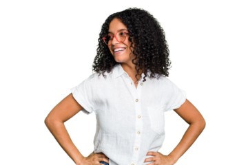 Young cute brazilian woman isolated laughs happily and has fun keeping hands on stomach.