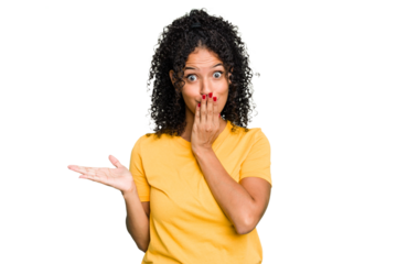 Young cute brazilian woman isolated impressed holding copy space on palm.