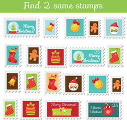 children educational game. Find the same pictures. Find two identical Christmas stamps. New year fun for kids and toddlers - 544071996