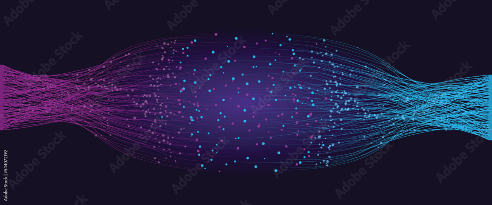 Fototapete Big data visualization with lines and dots. Abstract color lines with dots over dark background.