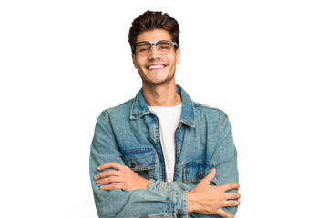 Young caucasian handsome man isolated who feels confident, crossing arms with determination.