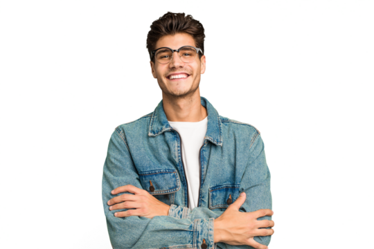 Young caucasian handsome man isolated who feels confident, crossing arms with determination.