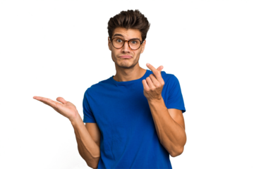 Young caucasian handsome man isolated showing that she has no money.