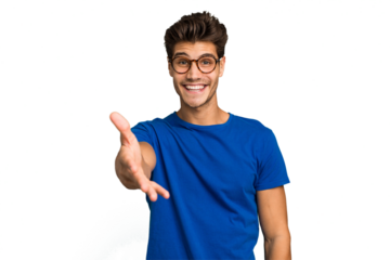 Young caucasian handsome man isolated stretching hand at camera in greeting gesture.