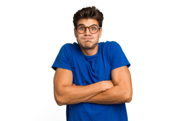 Young caucasian handsome man isolated blows cheeks, has tired expression. Facial expression concept.