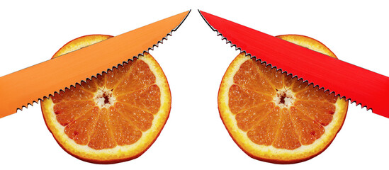 Close-up of a fresh slice of an orange and a knife with a colored blade (red and orange color) isolated on white or transparent background, photography, png.