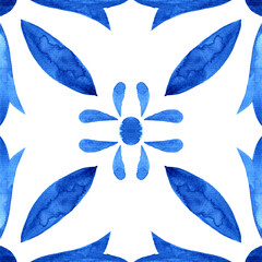 Fototapeta na wymiar Portuguese azulejo tile. Blue and white gorgeous seamless pattern. Hand painted watercolor.
