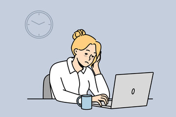 Fototapeta na wymiar Exhausted female employee sit at office desk work on computer feel sleepy and overwhelmed. Tied woman worker feeling burnout at workplace. Fatigue. Vector illustration. 