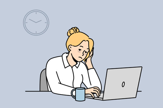 Exhausted female employee sit at office desk work on computer feel sleepy and overwhelmed. Tied woman worker feeling burnout at workplace. Fatigue. Vector illustration. 