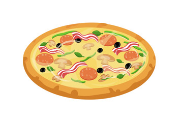 Vector illustration of pizza with meat and mushrooms 
