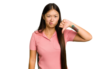 Young Asian woman isolated showing thumb down, disappointment concept.