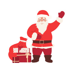 Happy Santa Claus with gift bag, carrying presents, Cheerful Santa waving his hand