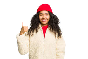 Young african american woman wearing winter clothes isolated smiling and raising thumb up