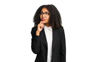 Young african american business woman isolated looking sideways with doubtful and skeptical expression.