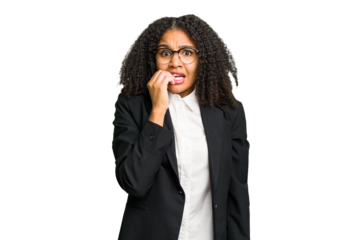 Young african american business woman isolated biting fingernails, nervous and very anxious.