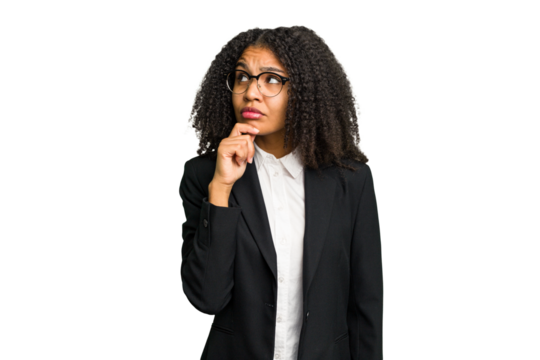 Young african american business woman isolated looking sideways with doubtful and skeptical expression.