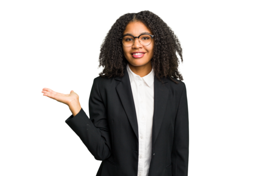 Young african american business woman isolated showing a copy space on a palm and holding another hand on waist.