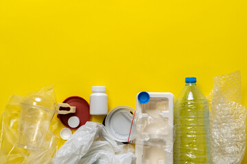 top view layout of plastic things, concept of nature care and plastic recycling