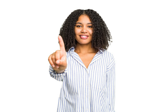 Young african american woman isolated showing number one with finger.