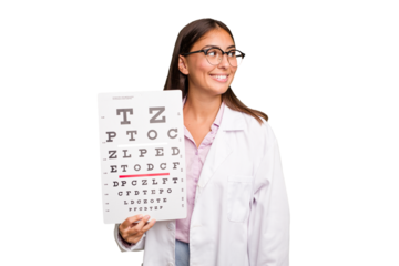 Young caucasian oculist woman isolated looks aside smiling, cheerful and pleasant.