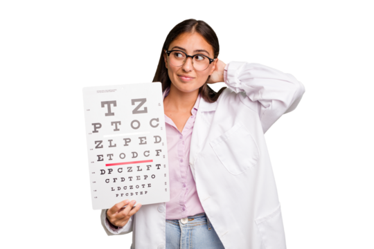 Young caucasian oculist woman isolated touching back of head, thinking and making a choice.
