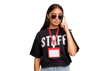 Young caucasian staff woman wearing a badge isolated pointing temple with finger, thinking, focused on a task.