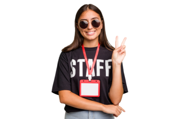 Young caucasian staff woman wearing a badge isolated showing number two with fingers.