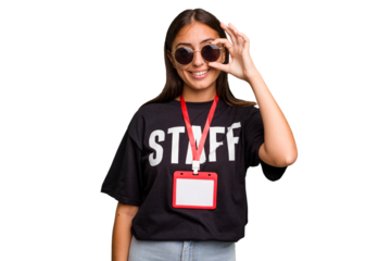 Young caucasian staff woman wearing a badge isolated excited keeping ok gesture on eye.