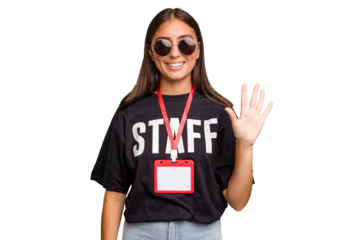 Young caucasian staff woman wearing a badge isolated smiling cheerful showing number five with fingers.