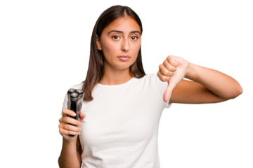 Young caucasian woman holding a razor isolated showing a dislike gesture, thumbs down. Disagreement concept.