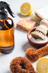 Zero waste eco friendly products and tools for house cleaning. Wooden brushes, coconut sponges, spray vinegar, soda, lemon and organic soap
