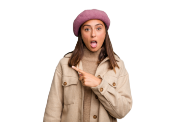 Young caucasian woman wearing winter jacket isolated pointing to the side