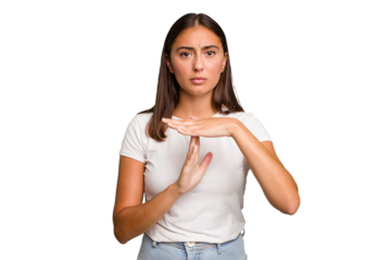 Young cute caucasian woman isolated showing a timeout gesture.