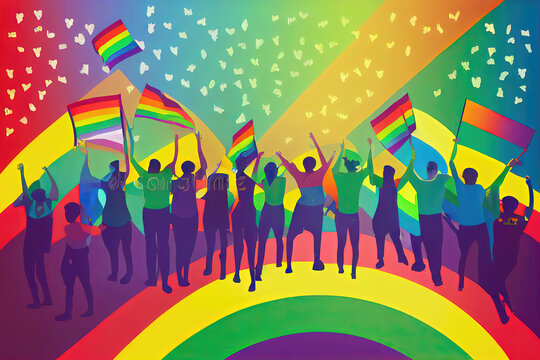 LHBTQ+ gender pride celebration with flags and colours vector illustration love gay trans people humans dancing