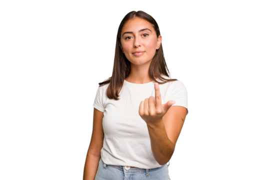 Young cute caucasian woman isolated pointing with finger at you as if inviting come closer.